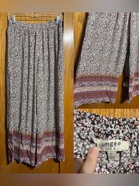 Umgee Pants with Black and Pink Floral and Purple Border